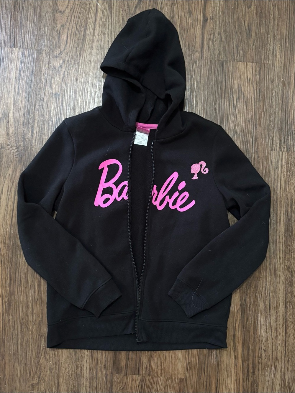 Barbie Girls Black & Pink Logo Full Zip Hoodie Sweatshirt Size 14/16